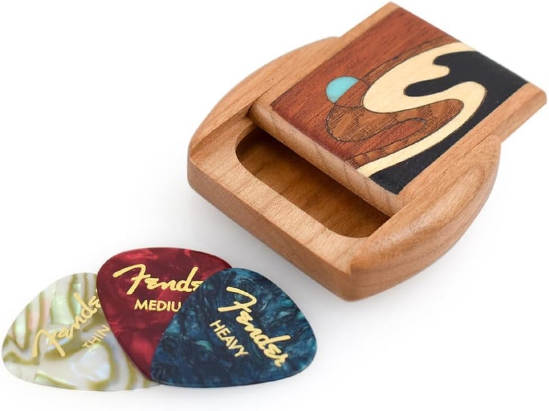 Modern Artisans Guitar Pick Caddy Box, American Made Cherry Wood with Wave Inlay with 3 Picks - Image 4